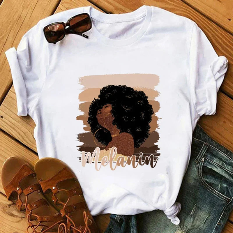 Fashion Print T-shirt Kawaii Melanin T Shirt Women Funny Black African Curly Hair Girl Graphic Tees Aesthetic Tshirt Female