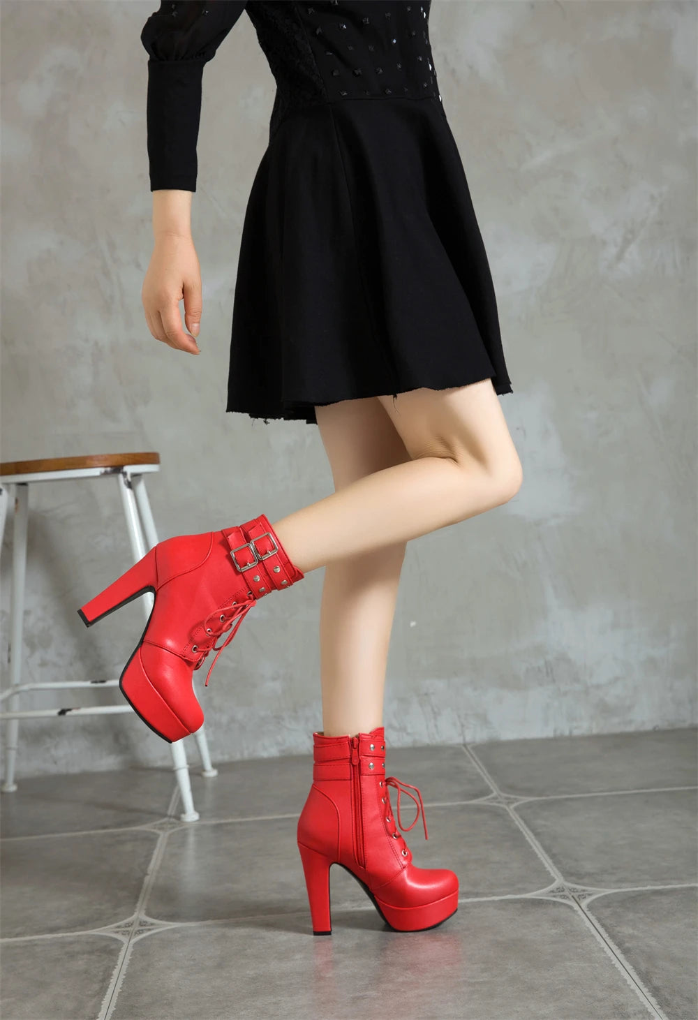 Women Ankle Boots Platform Lace-Up High Heels Short Boot Female Buckle Autumn Winter Red Yellow White Sexy Shoes Large Size34-46