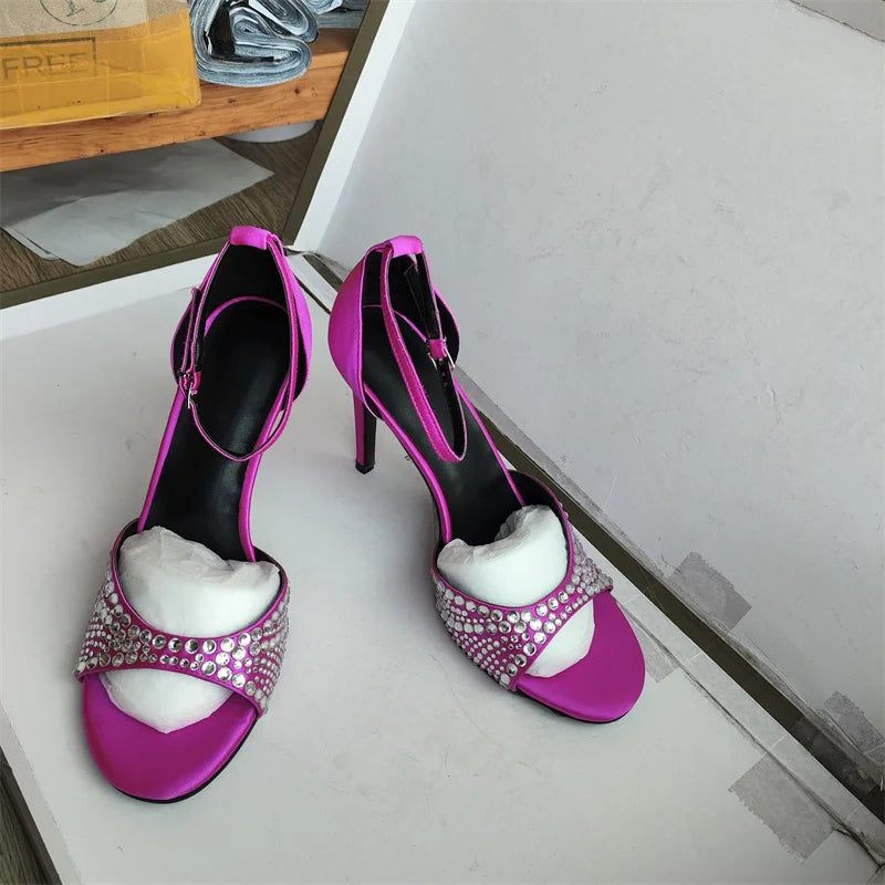 Summer 2023 Internet Celebrity Rhinestone Open Toed Sandals Fashion Round Toe Slim Heel Sandals Sexy Wrapped Party Sandals 35-43