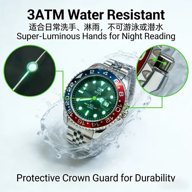 Men's GMT Style Quartz Watch, 3ATM Waterproof Stainless Steel Band, Black Blue Bezel Luminous Wristwatch with Date Display
