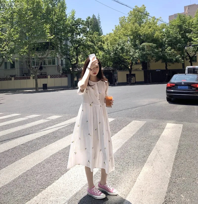 Loose Summer Cute Sweet Japanese Style Girls Flower Embroidery Retro Vintage Single Breasted Button Cotton Blends Shirt Dress