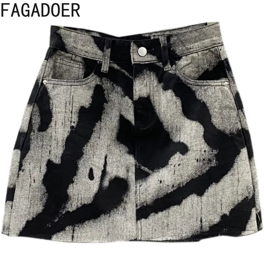 FAGADOER Gray Tie Dye Printing Fashion Denim Mini Skirts Women High Waist Button Pocket A-line Jean Skirts Sexy Y2K Streetwear