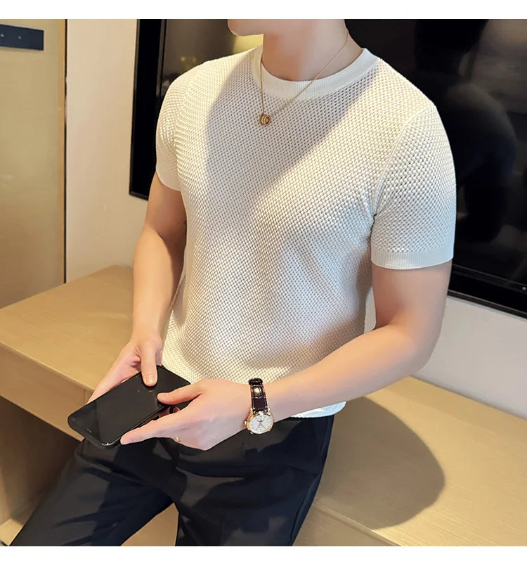 Summer Breathable T-Shirts For Men Korean Luxury Clothing O-Neck Short Sleeve Knitted Men's T Shirt Fashion Hollow Tops&Tees 3XL