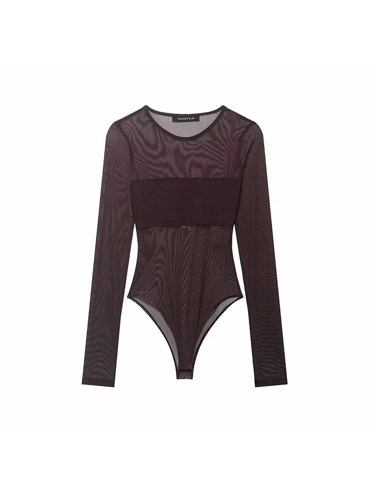 Women Sexy Mesh See Through Bodysuit Women Long Sleeve Sheer Bodysuits O Neck Bodycon Jumpsuit Female Romper