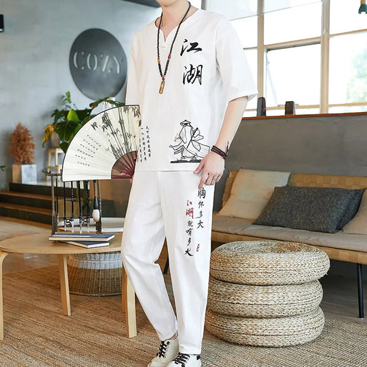 men's fashionable pants and shirts Summer 100% cotton and linen sportswear Men's suit (Shirt+pants )Men's casual set Spring  Men