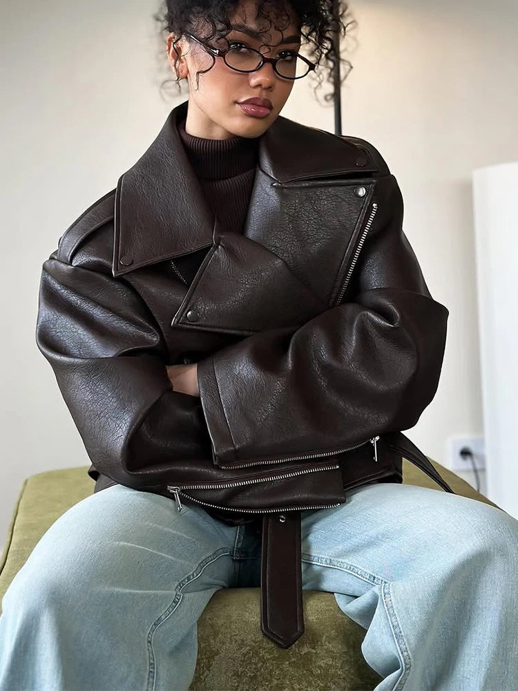 Casual Dark Red  Zipper Leather Short Jackets Women Long Sleeve Lace Up Lapel Loose Button Coat Lady Daily High Street Wear 2026