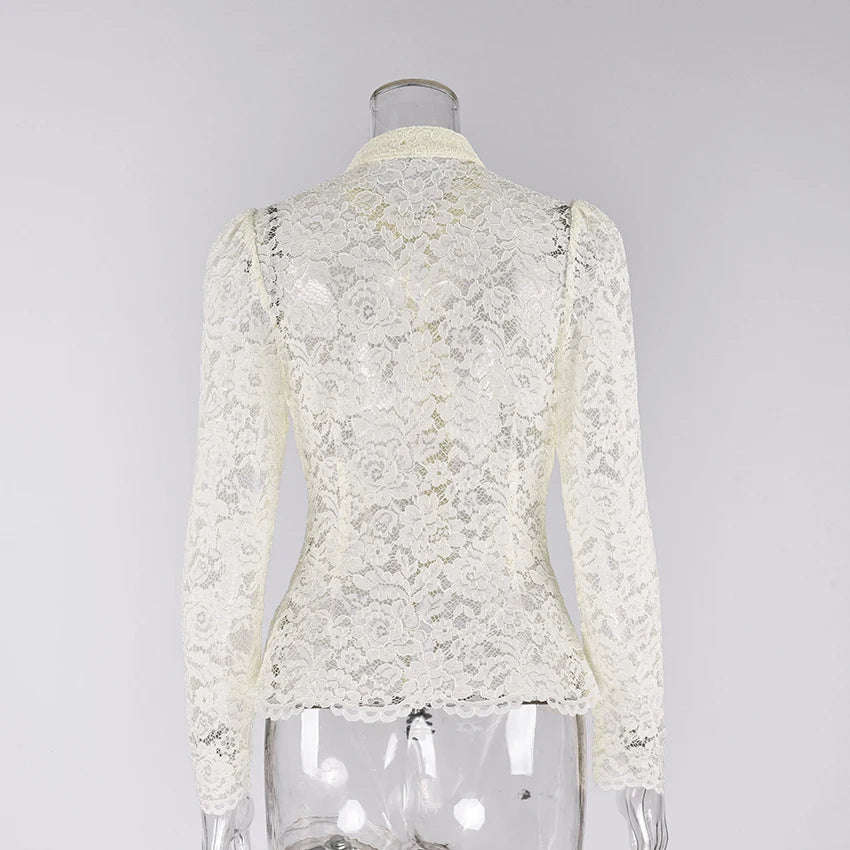Linad Elegant Sheer White Embroidery Blouses Women Autumn Street Chic Lace Stand Collar Shirt And Blouse 2025 Casual Tops Female