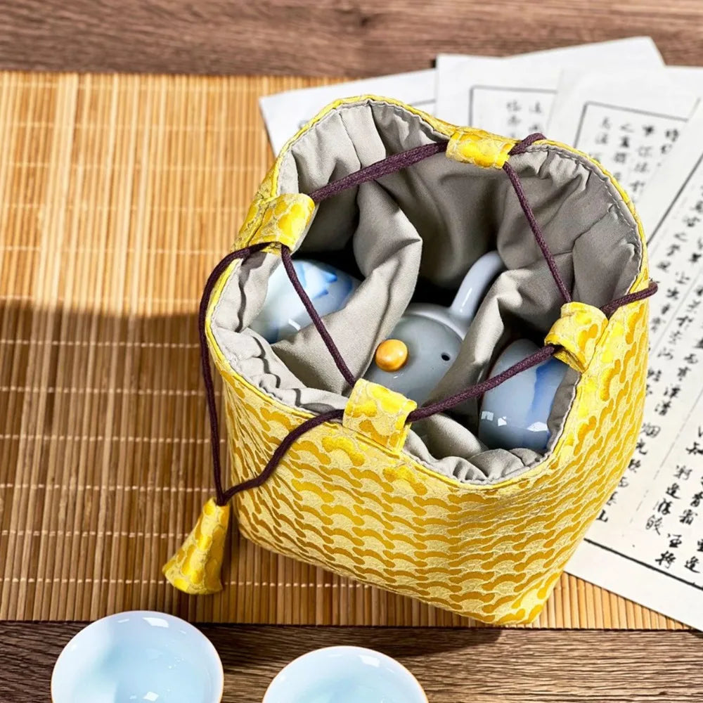 Chinese Style Tea Set Organizer Bag Embroidered Breakage-proof Teacup Drawstring Cloth Pouch Tea Ceremony Accessories