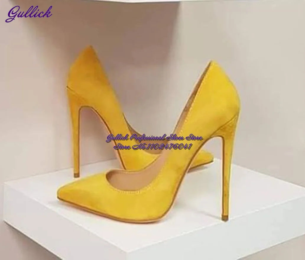 Gullick Women Hot Pink Suede High Heel Shoes 12Cm 10Cm 8Cm Stilettos Slip-On Pointed Toe Wedding Shoes Shallow Pumps Size45