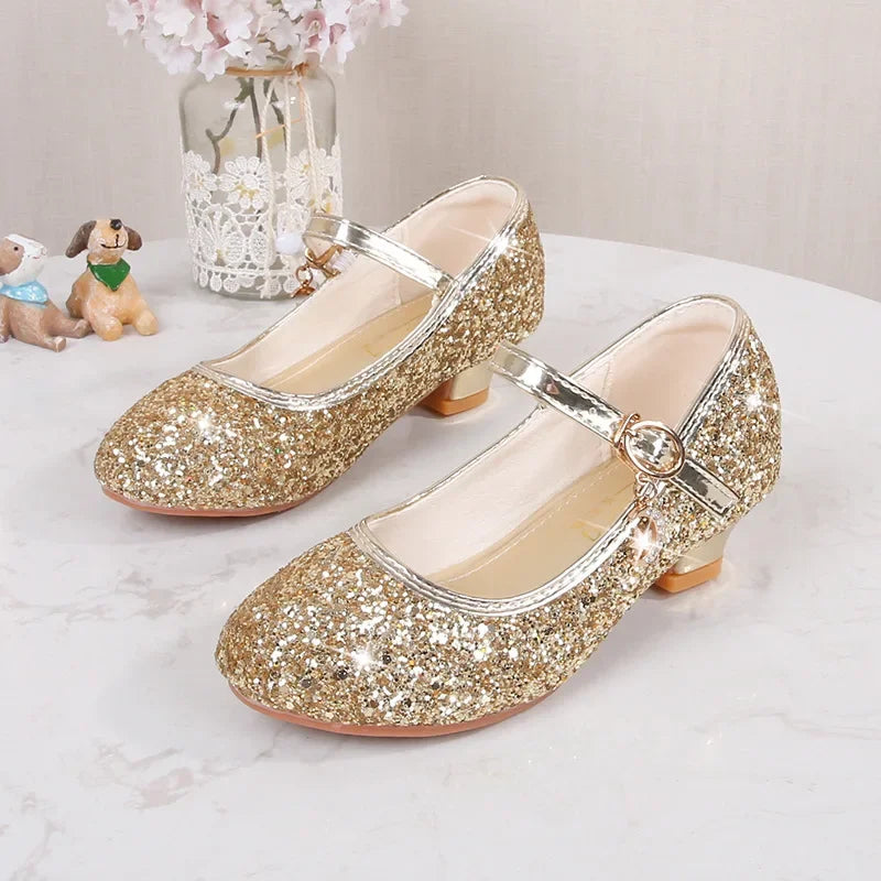 Classic Children High Heels Leather Shoes Fashion Sequins Elegant Kids Girls Wedding Shoes Princess Party Dress Single Shoes