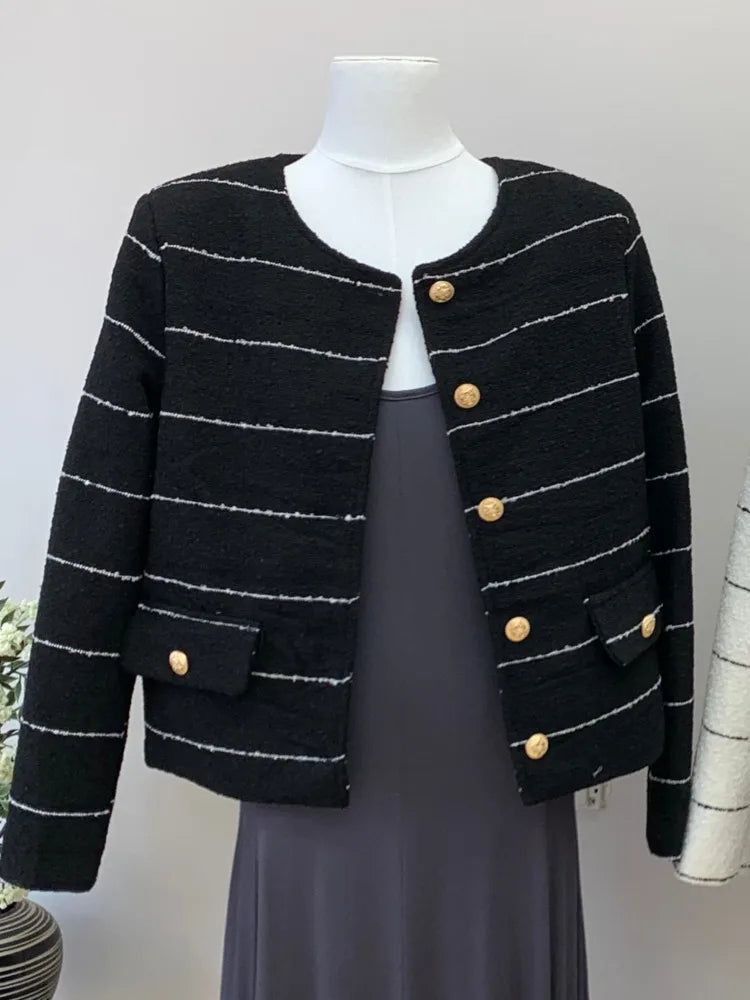 Korean Fashion Casual Small Fragrance Tweed Jacket Coat Women Fall Winter Fried Street Striped Coat Casaco Woolen Outwear Top