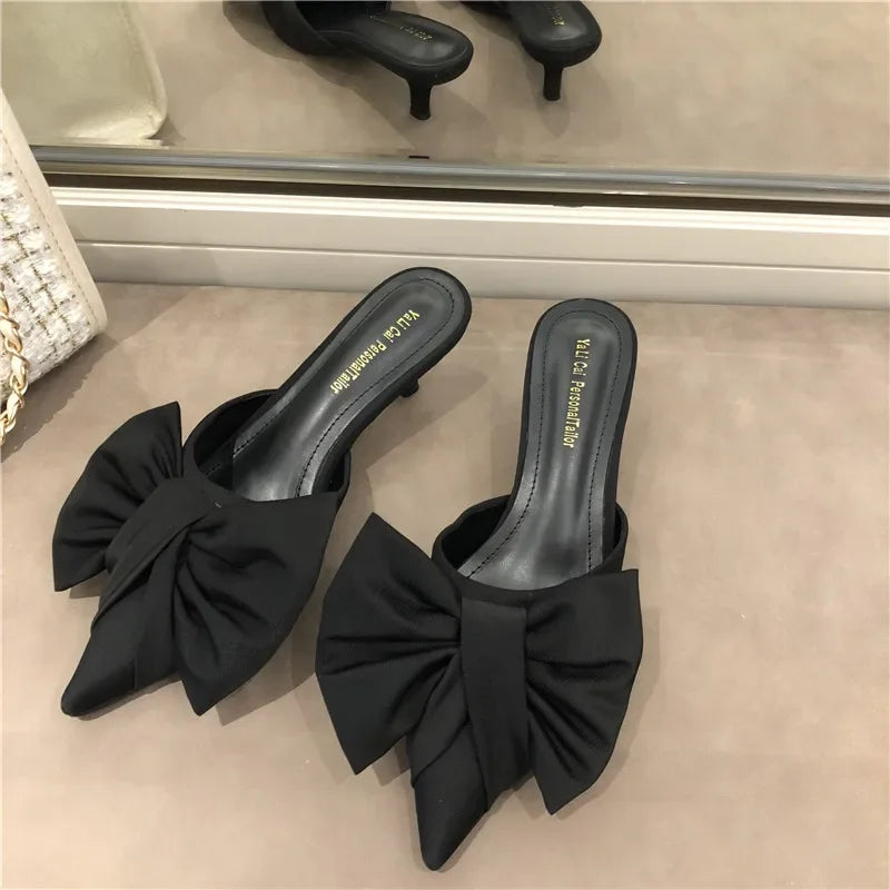2024 Spring Pointed Toe Stiletto Heel Kitten Heels Bow Heel-Free Slippers for Women