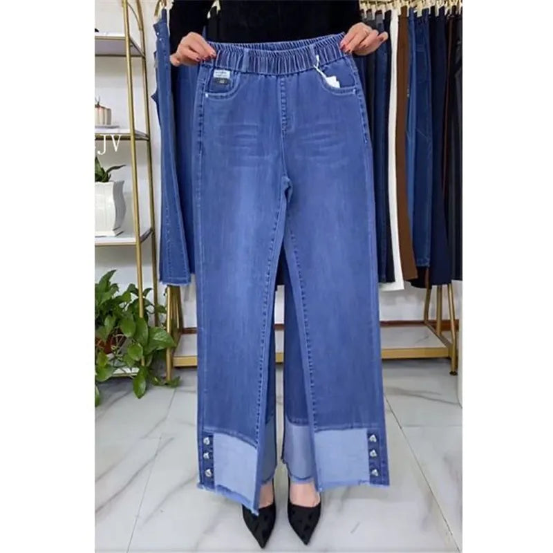 Plus Size Middle Aged Womens Jeans Elastic Waist High Waist Loose Denim Pants