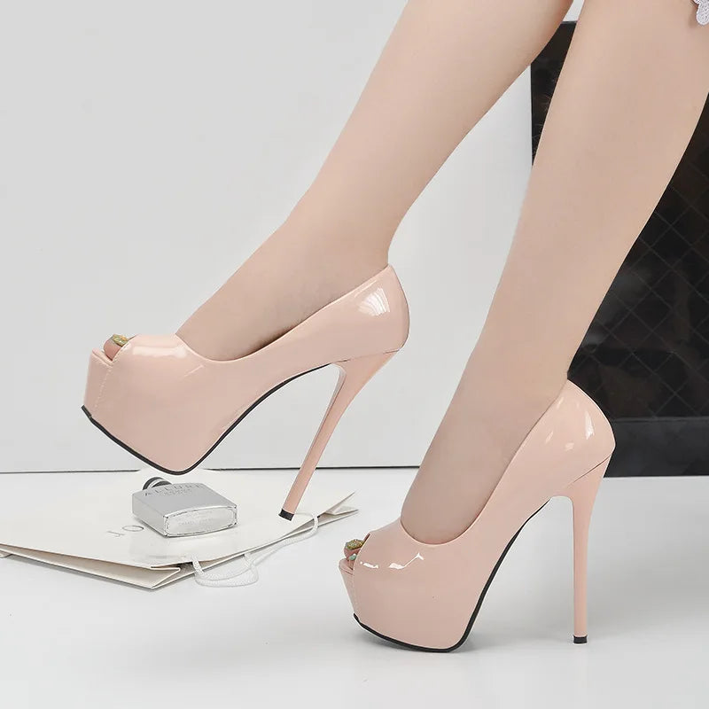 Women Pumps Sexy Platform Peep Toe Shoes 14cm Thin High Heels Stiletto Patent Leather Fashion Party Nighclub Wedding Dress Shoes
