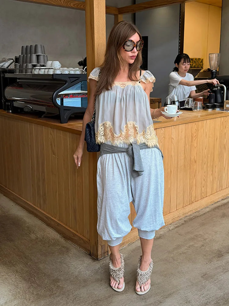 Lace Spliced Square Neck Spaghetti Strap Blouse Loose Fit Cropped 2026 Summer Women Chiffon Top Causal Delicate Lady Blusa
