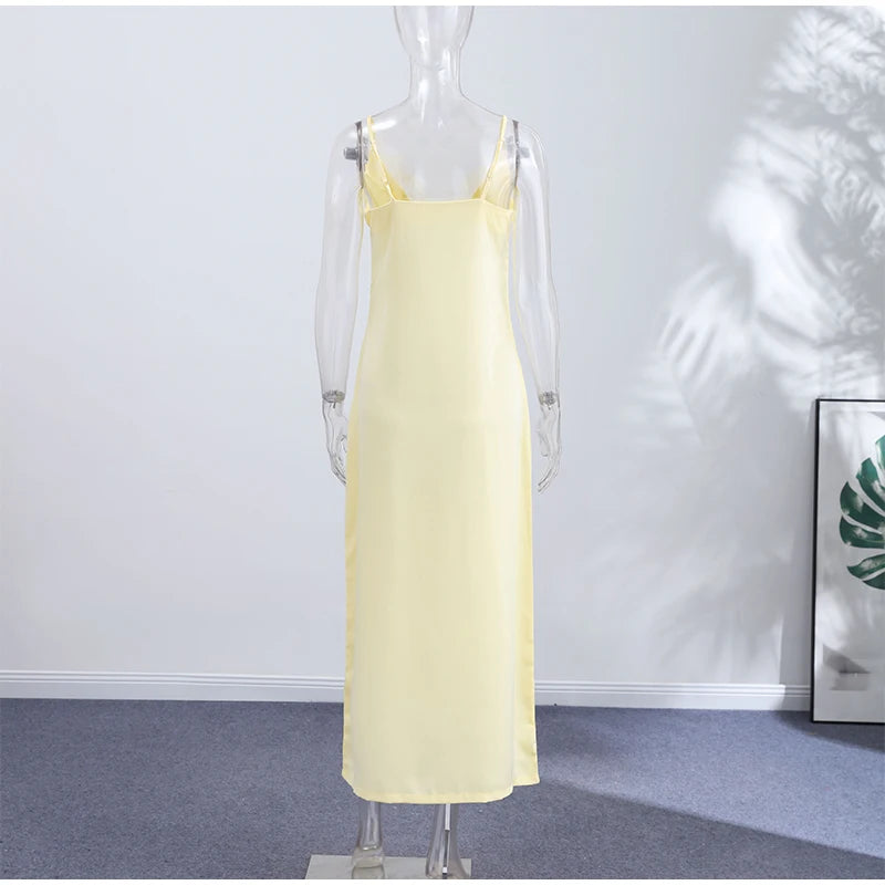 Summer Satin Lace Spliced Long Dress Women V Neck Sleeveless Waist Cinching Strap Dresses 2026 Lady Casual Solid Party Robe