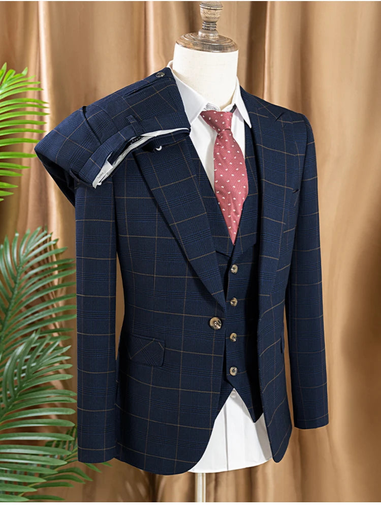ST Cassy high quality 3 Piece Checkered Suit Set Men Stylish Business Office Wedding Formal Outfit full Elegant man suit