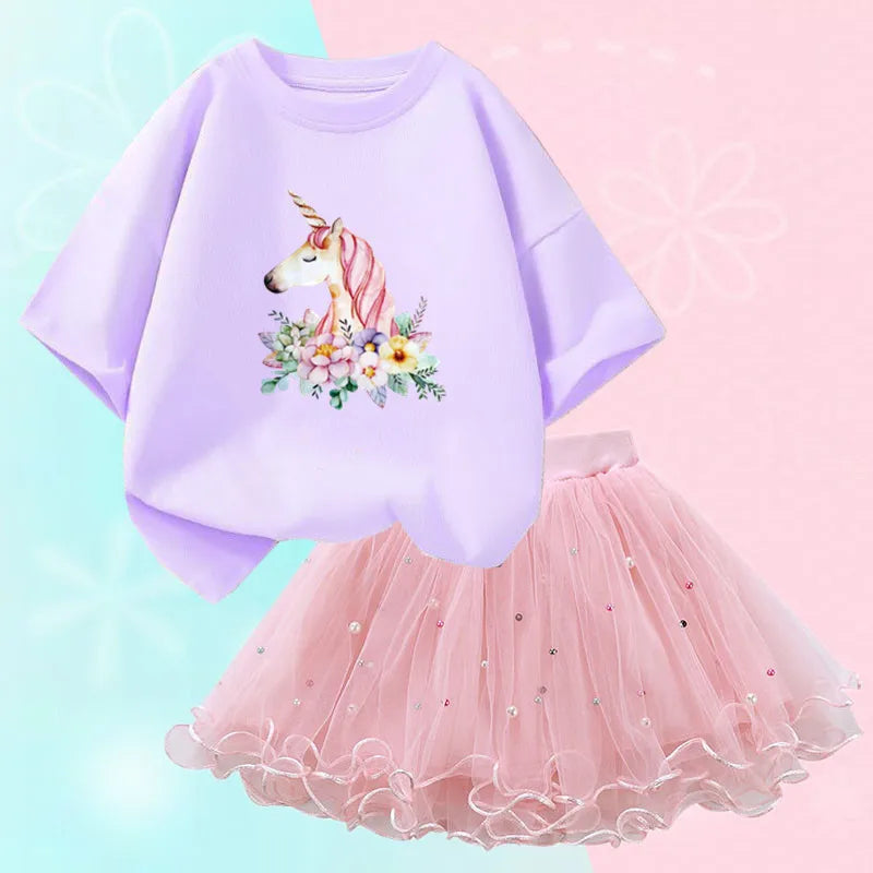 Dresses For Girl Summer Fashion Wear Outfit Kids T-Shirt Suit Unicorn Party Baby Costumes For Children Tulle Tutu Skirt Clothing