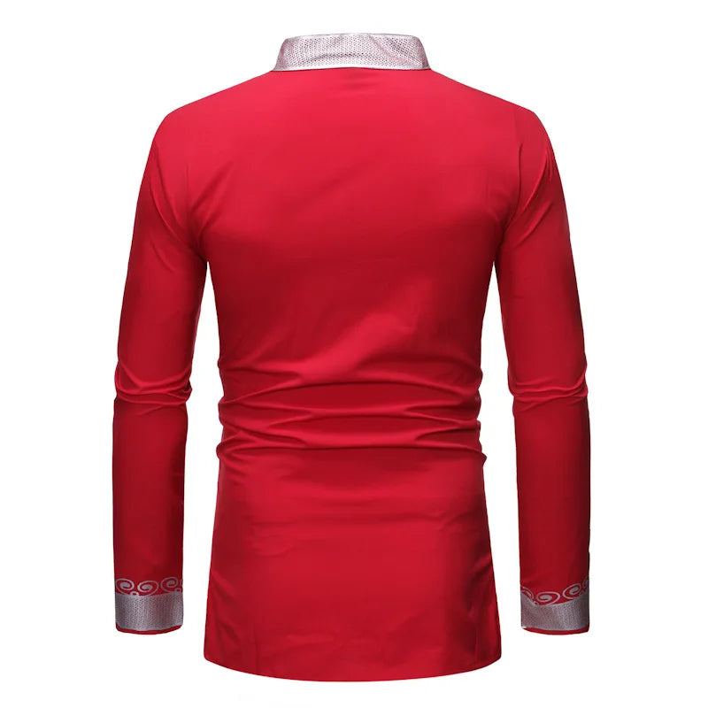 Men's Shirts Fashion Long Sleeve African Turkish Chieftain Print Robe Male Casual Blouses Traditional Ethnic Style Muslim Shirts