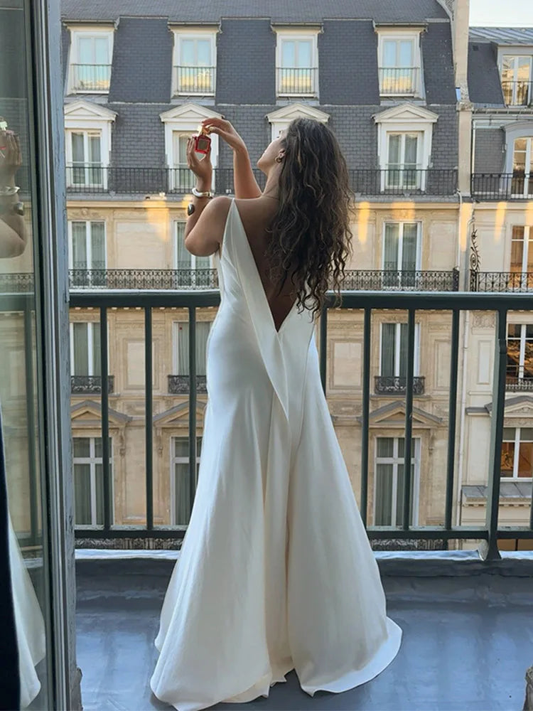 Women's Elegant Satin V Neck Long Dress Sleeveless Backless High Fork Robes Vacation Beach Maxi Vestidos 2026 New Lady Dresses