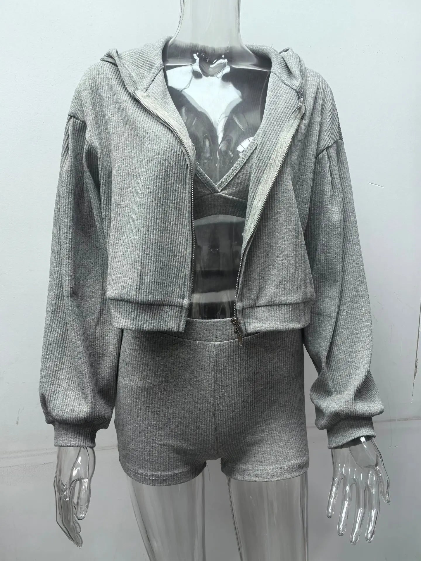 Three Pieces Clothing Sets Ladies Sport Casual Zipper Hooded Jackets+Tank Tops+Elastic Waist Shorts Women Tracksuits