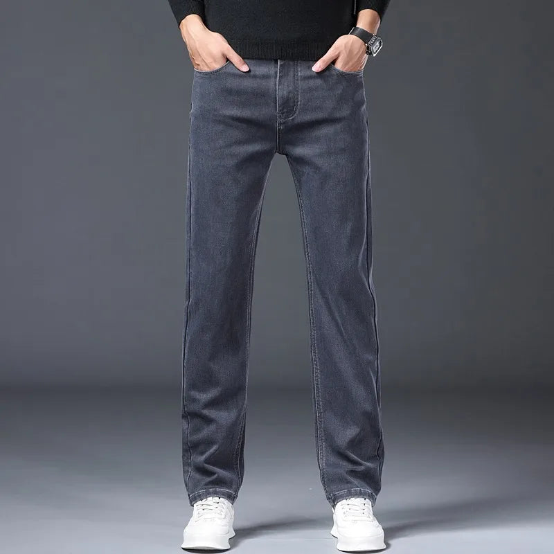 Gray Jeans Men's Fashion Spring Autumn Casual Elastic Trousers Classic Straight Business Work Vintage Washed Denim Pants