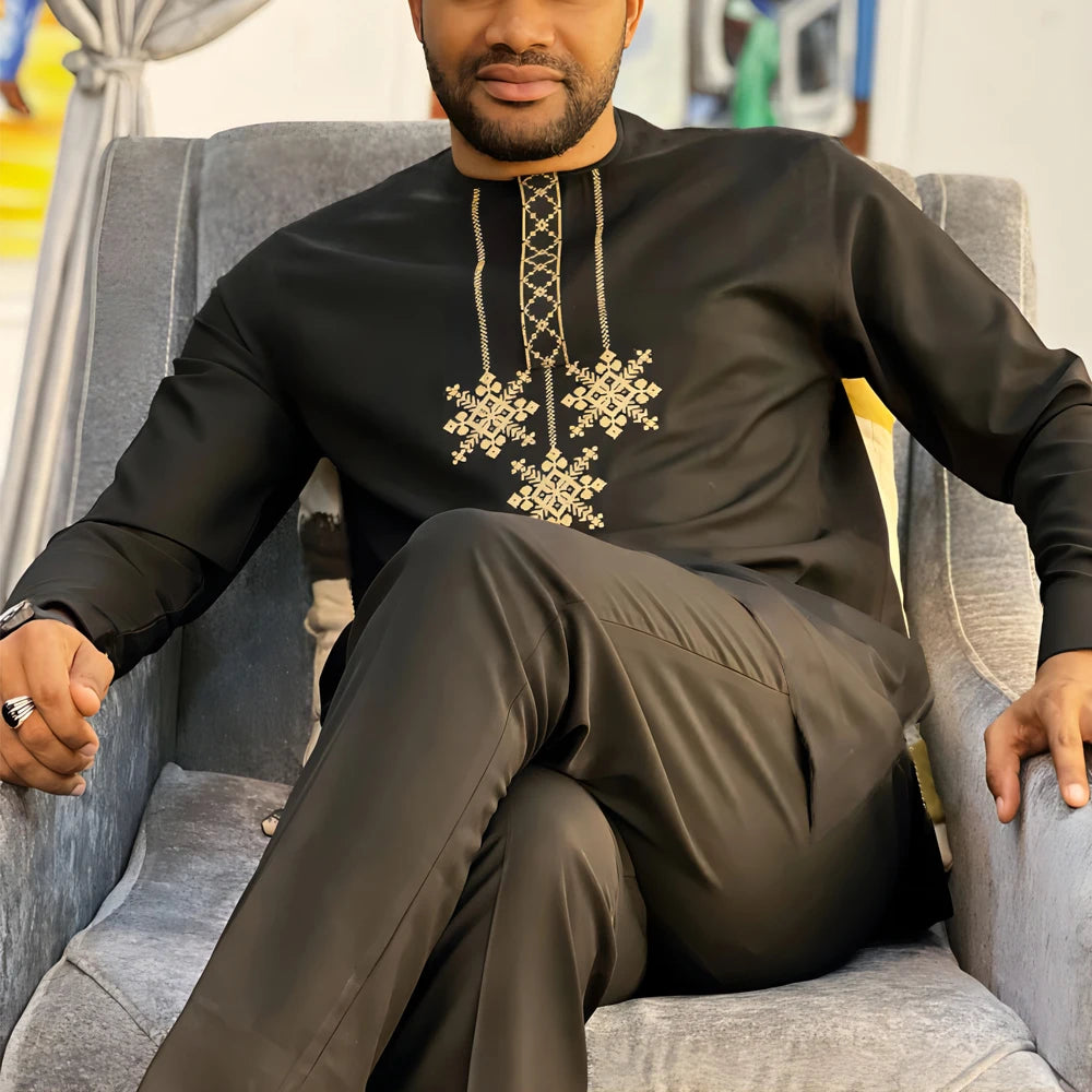 African Traditional Man Outfit Men 2PCS Suits Long-sleeved Round Neck Male Sets Shirt Top Pant Ethnic Style Casual Wear clothing