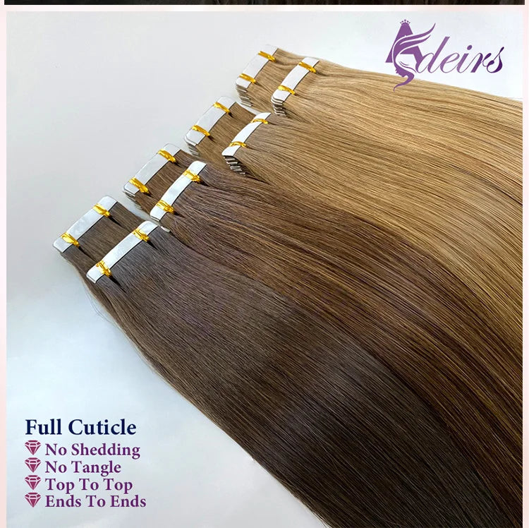 ADEIRS Straight Tape In Human Hair Extensions 100% Real Hair Extensions 16"-24" Black Brown Blonde #613 Invisible Tape In