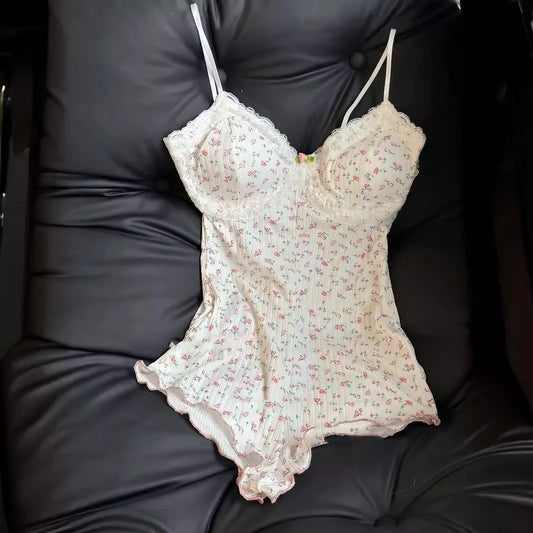 Women Sexy  Floral Print Bodysuit Lace Trim Sleeveless Slim Fit Leotard Summer Jumpsuit Romper Sexy Underwear Nightwear Lingerie