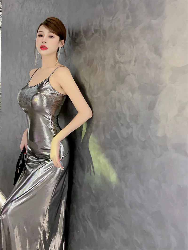 Sexy Style Light Luxury Spicy Girl Liquid Bright Female Korean Indie Style Silver Dress Elegant Party Fashion TemperamentBMI6