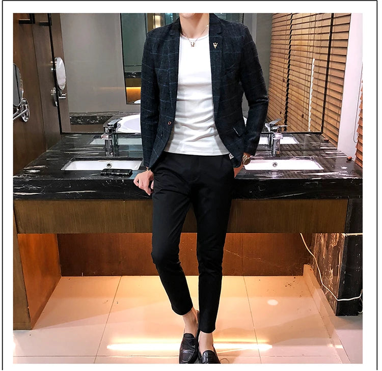 Spring and Autumn New Boutique Japanese Style Print Stand Collar Mens Casual Jacket Slim Male Coat Male Plaid Suit Jacket Blazer