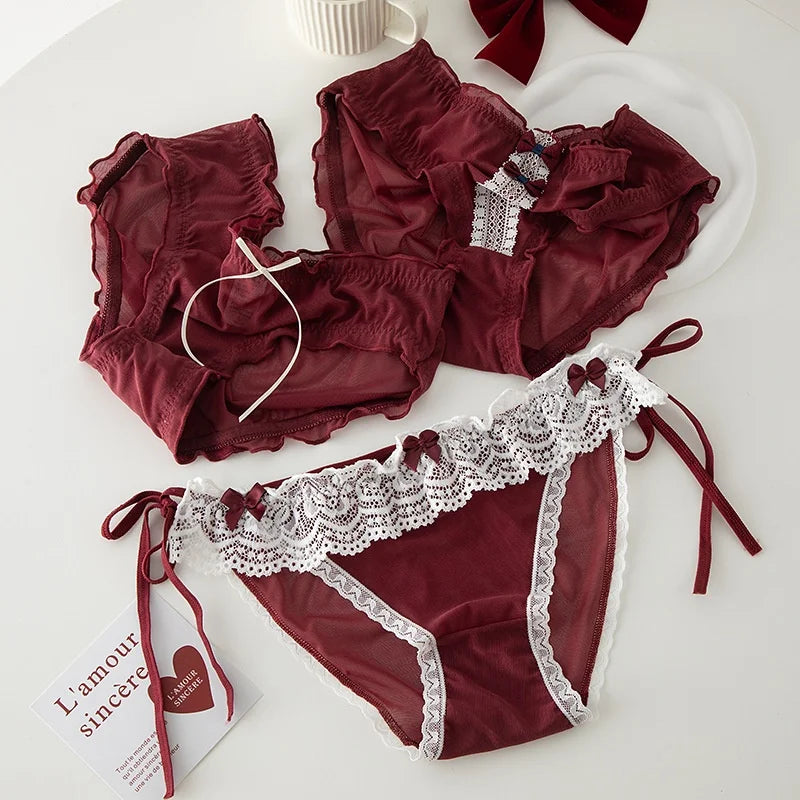 L-XL Women's Underwear Panty Sexy Lace Panties Bowknot Wine Red Brief Med Waist Seamless Underpants Female Lingerie Panties
