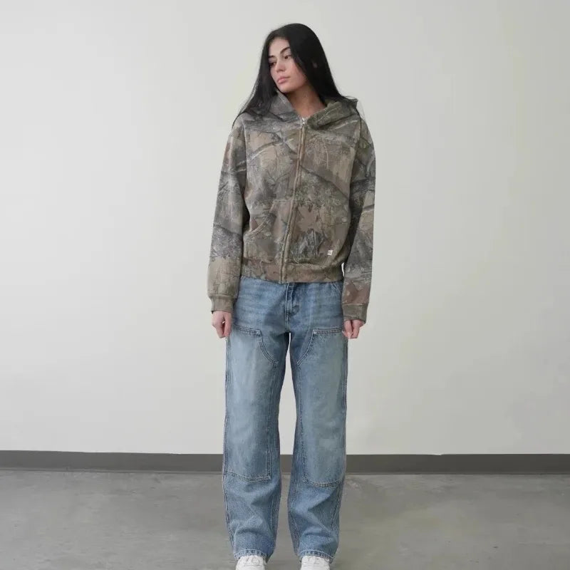 Sweatshirt Hoodie Y2K Retro zip up Camouflage Pattern zipper High Street Hip Hop Streetwear Oversized Unisex Camo Hoodie BAZAARHUBO
