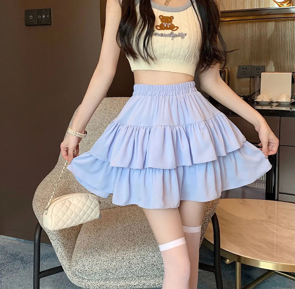 Ruffled Cake Skirts for Women High-waisted A-line Solid All-match Sweet Lovely Girls Korean Style Gentle Spring Kawaii Casual