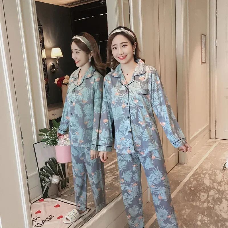 Four Seasons Women Pajamas Set with Lapel Top and Long Pants Checkered Striped Printed 2 Piece Set Ladies Nightwear Homewear