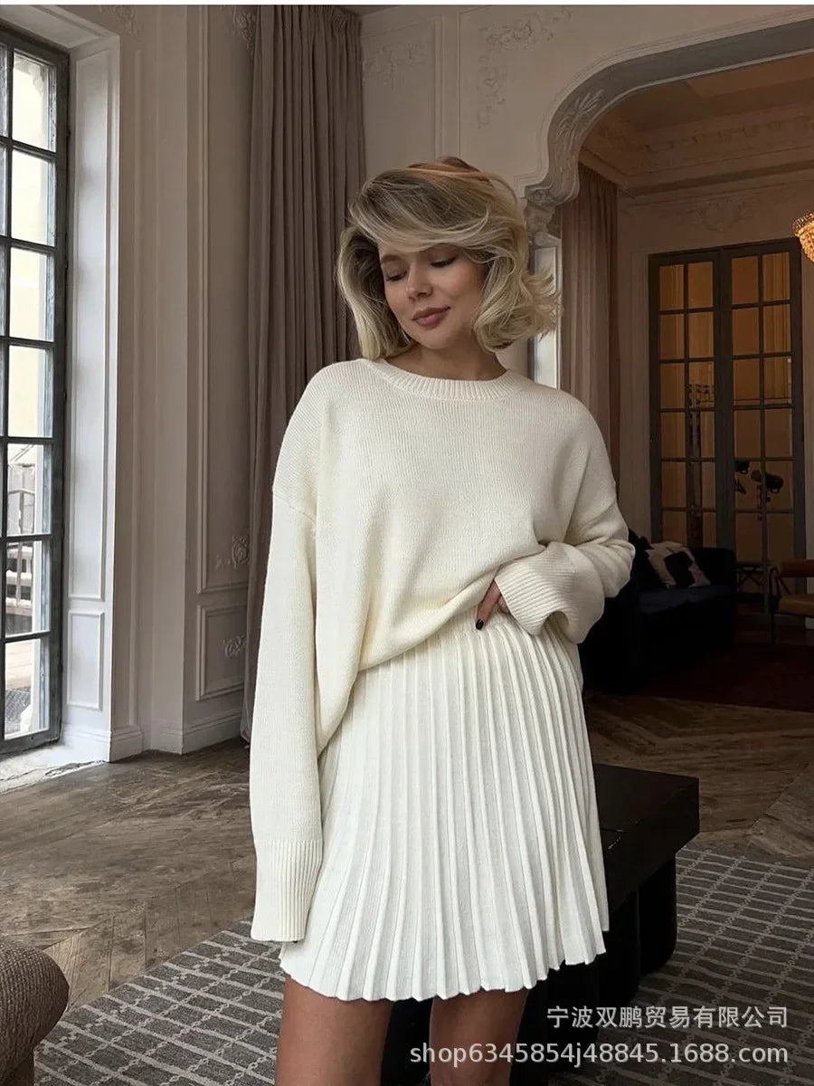 Autumn Solid Color O-neck Sweater Dress Sets Women's Clothing 2024 New Long Sleeves Fishion Style Loose Knitted Short Skirt Set