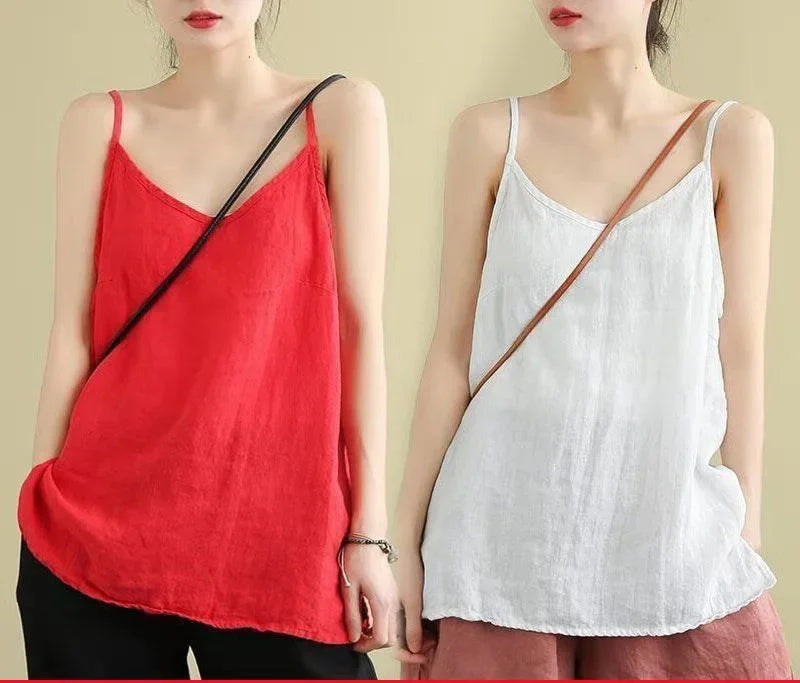 Women's Summer Top Cotton Linen Spaghetti Strap Top Women Halter V Neck Basic Yellow Sleeveless Tank Tops Loose Casual Camis