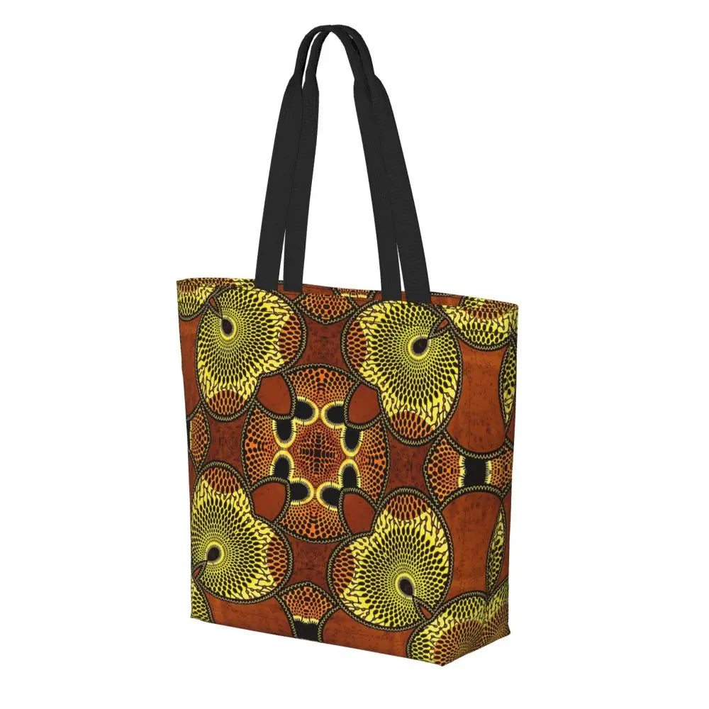 African Ankara Prints Grocery Shopping Tote Bags Women Geometric Ethnic Art Canvas Shoulder Shopper Bags Big Capacity Handbag