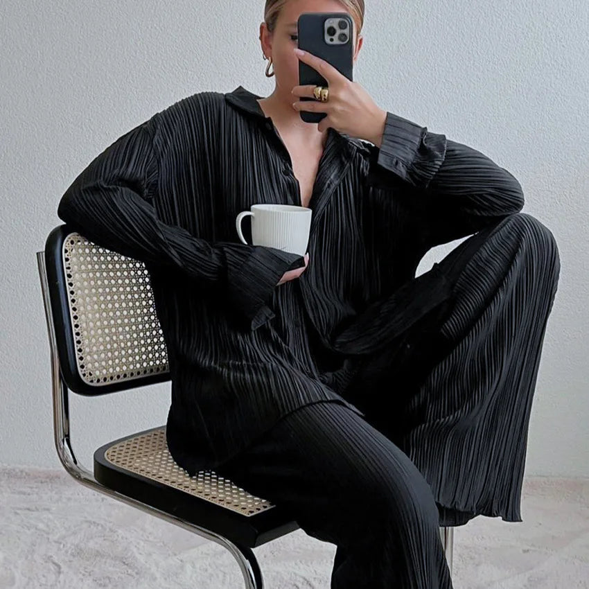 New Two Piece Set Women Outfits Pleated Women's Elegant  Drape Loose Sets Shirt High Waist Trousers Female Suit Fashion Casual
