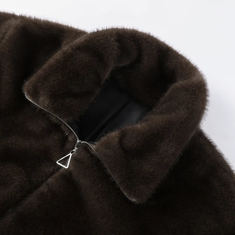 Luxury Faux Fur Hooded Pullovers Women's Loose Full Sleeve Stand Collar Pocket Coats 2025 New Autumn Winter Ladies Solid Outwear