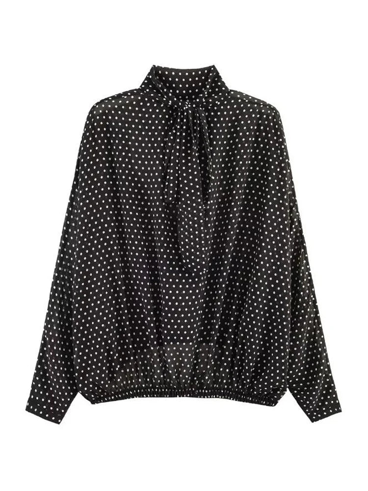 Polka Dot Skirt 2 Piece Set Women Casual High Collar Tie Full Sleeves Elastic High Waist Long Skirt Suit Lady Daily Outfit New