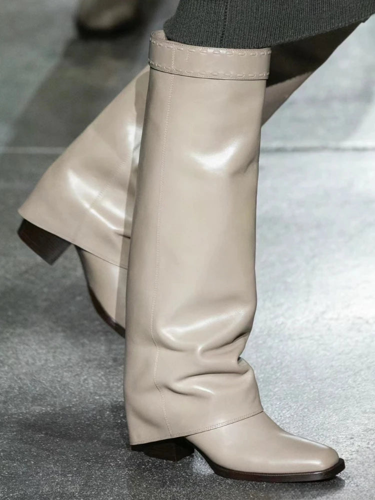 Elegant Temperament of European and American Women, Thick High Heels, Skirt Hem, Knee High Boots, Oversized Retro Knight Boots