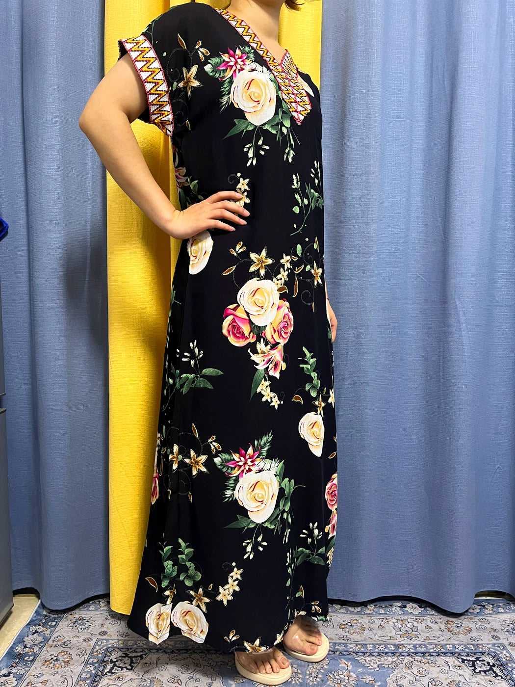 Abayas For Women 2023 Dubai  Fashion Printed Flower Cotton V-neck Slim Fit Short Femme Robe African Woman Dresses With Headscarf
