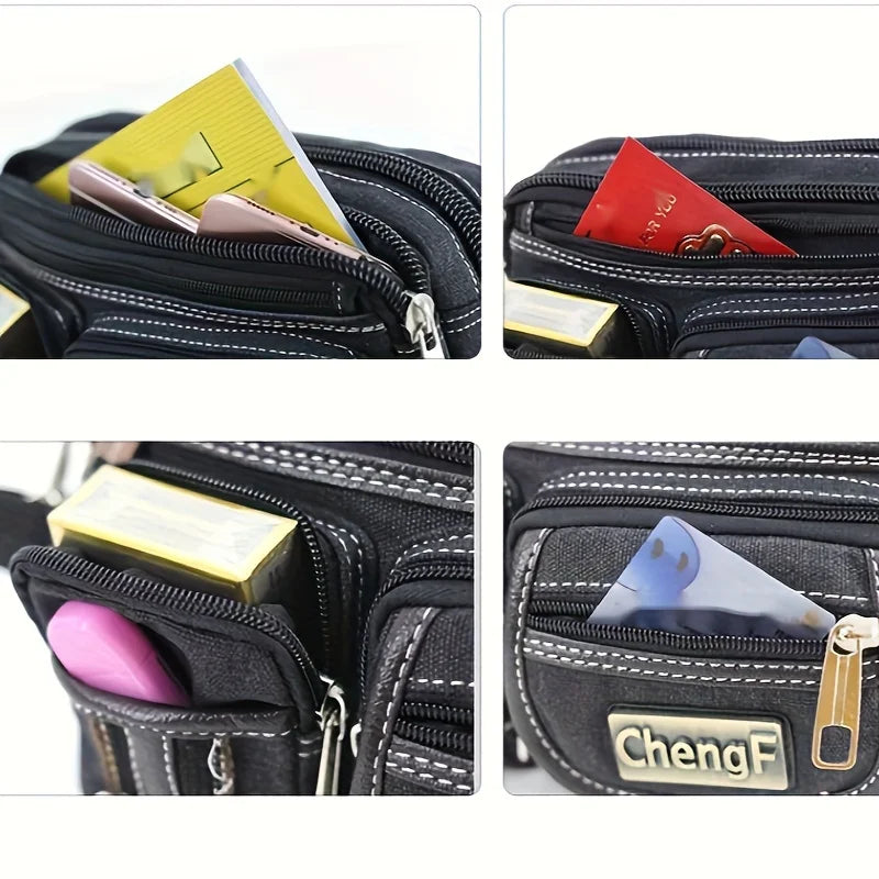 Fashionable Multi Layer Zipper Waist Bag Fanny Pack, Canvas Retro Basic Chest Crossbody Bag Men's Sports Running Phone Pocket