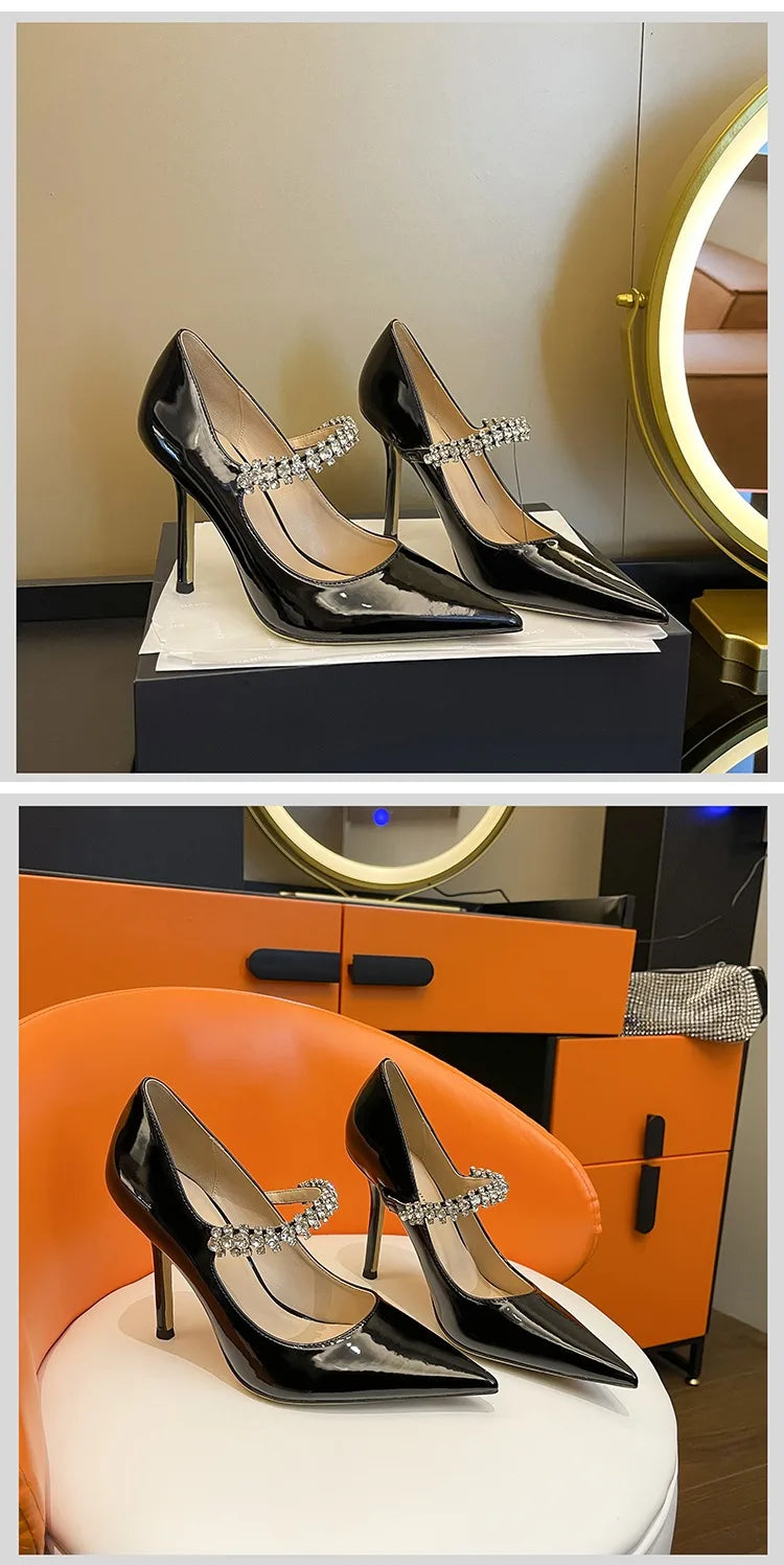 Spring 2025 New French Rhinestone Pointed White High Heels Temperament Patent Leather Shoes Women Wedding Pumps