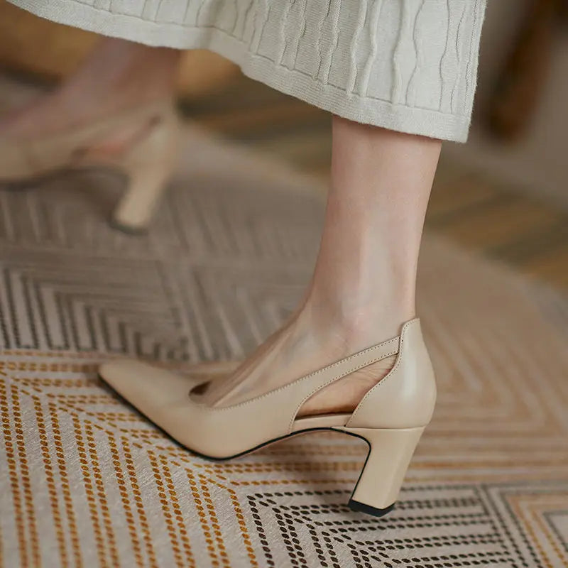 Office Ladies Summer Footwear High Heels Pumps On Heeled Square Toe Shoes For Women 2025 Fashion Leather Casual Slip A Vacation