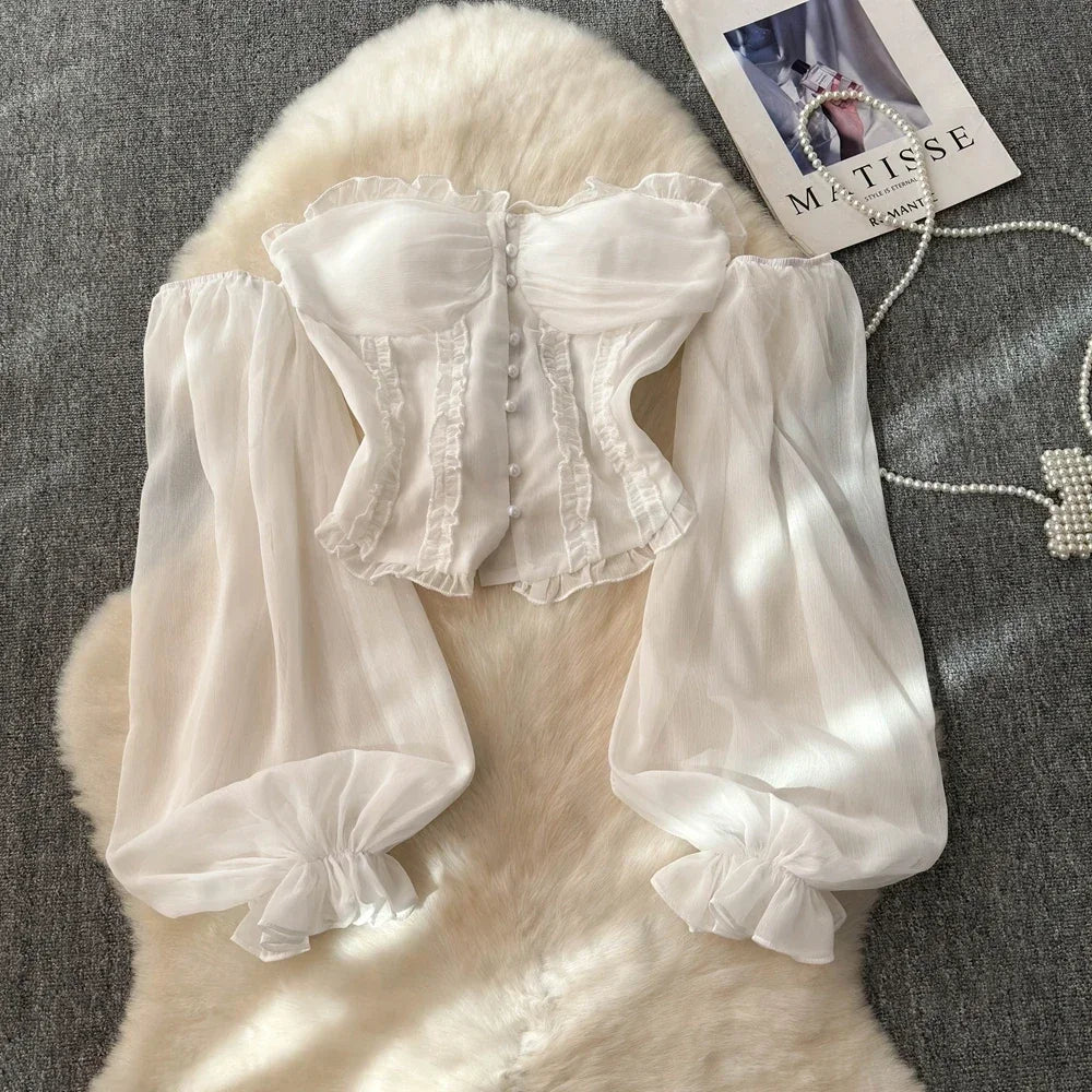 Chiffon Blouse for Women Slash Neck Off Shoulder Solid Color Camisas Ruffles Folds Backless Summer Blusas De Mujer Chic Dropship