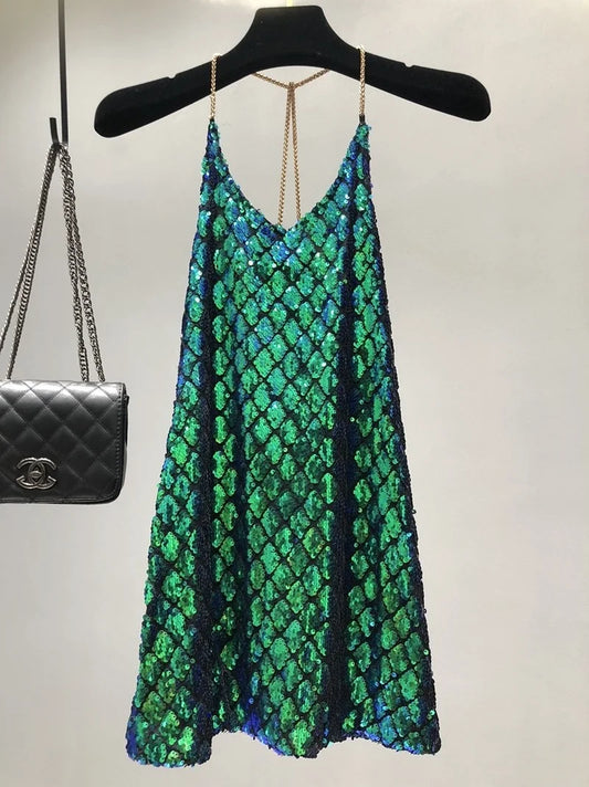 Sexy Dresses Party Night Club Dress 2020 Dress Summer Metal Hanging Neck Sequins Backless Holiday Skirt with Shoulder-straps