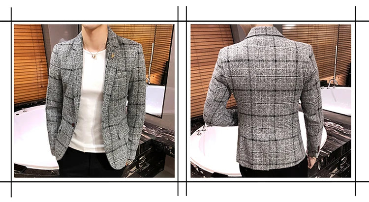 Spring and Autumn New Boutique Japanese Style Print Stand Collar Mens Casual Jacket Slim Male Coat Male Plaid Suit Jacket Blazer