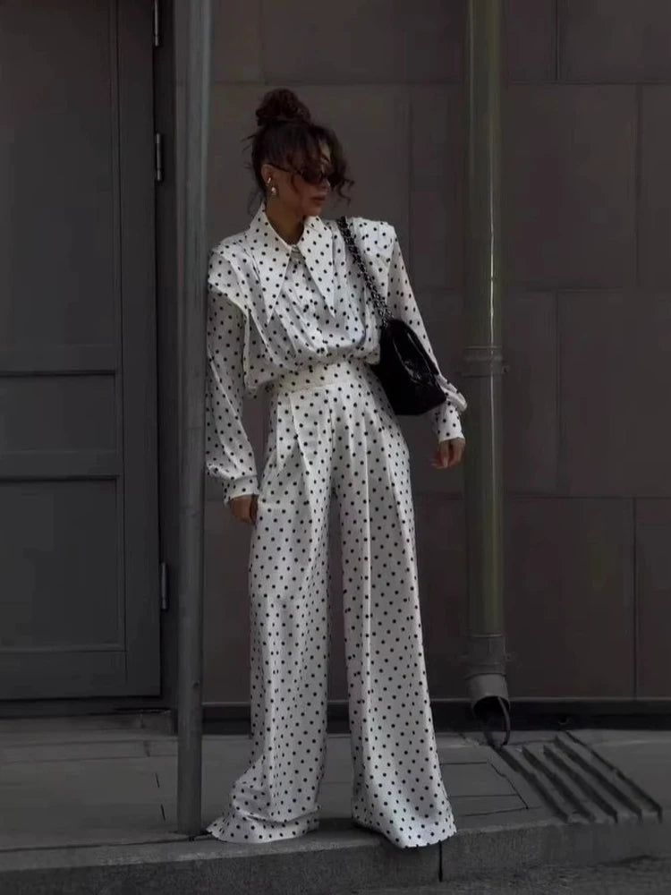 Polka Dot Skirt 2 Piece Set Women Casual High Collar Tie Full Sleeves Elastic High Waist Long Skirt Suit Lady Daily Outfit New